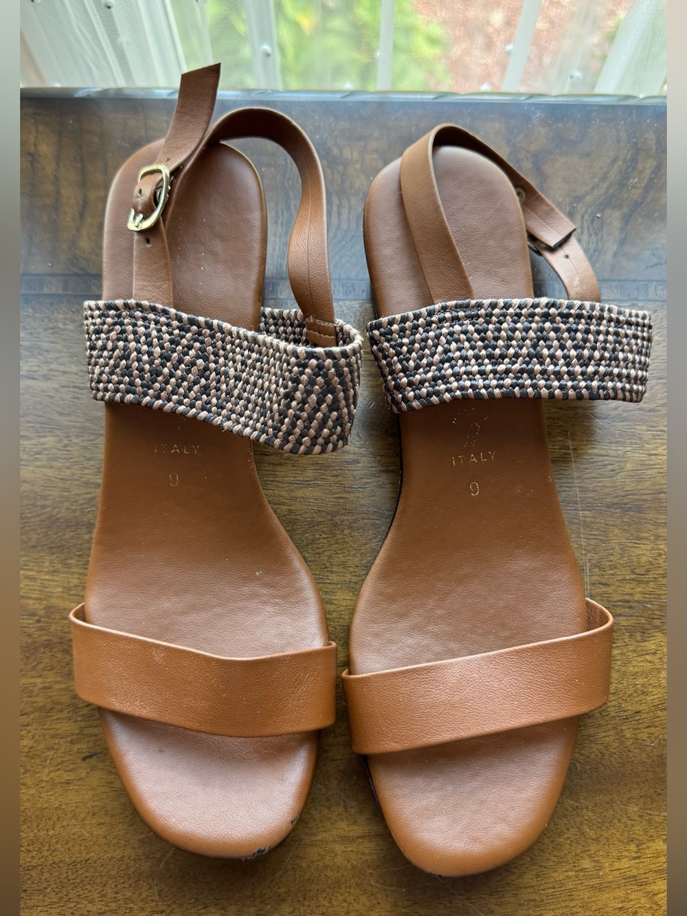 Women’s Brown Leather Slingback Sandals with Woven Strap, Size 9